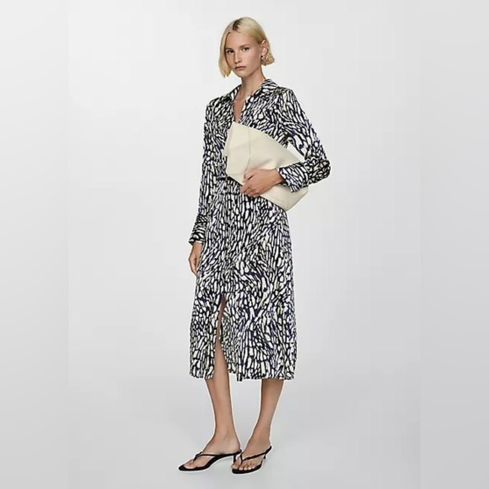 Mango Satin Long Sleeve Midi Dress